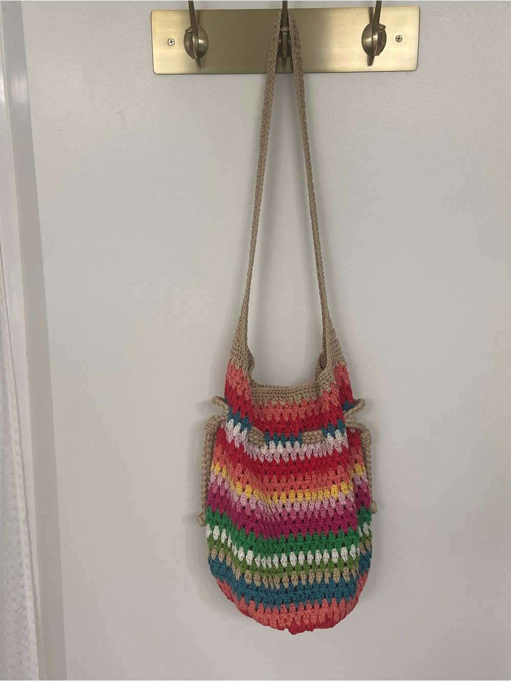 The Sak Crochet Stripe Drawstring Shoulder Bag Boho Hobo Purse